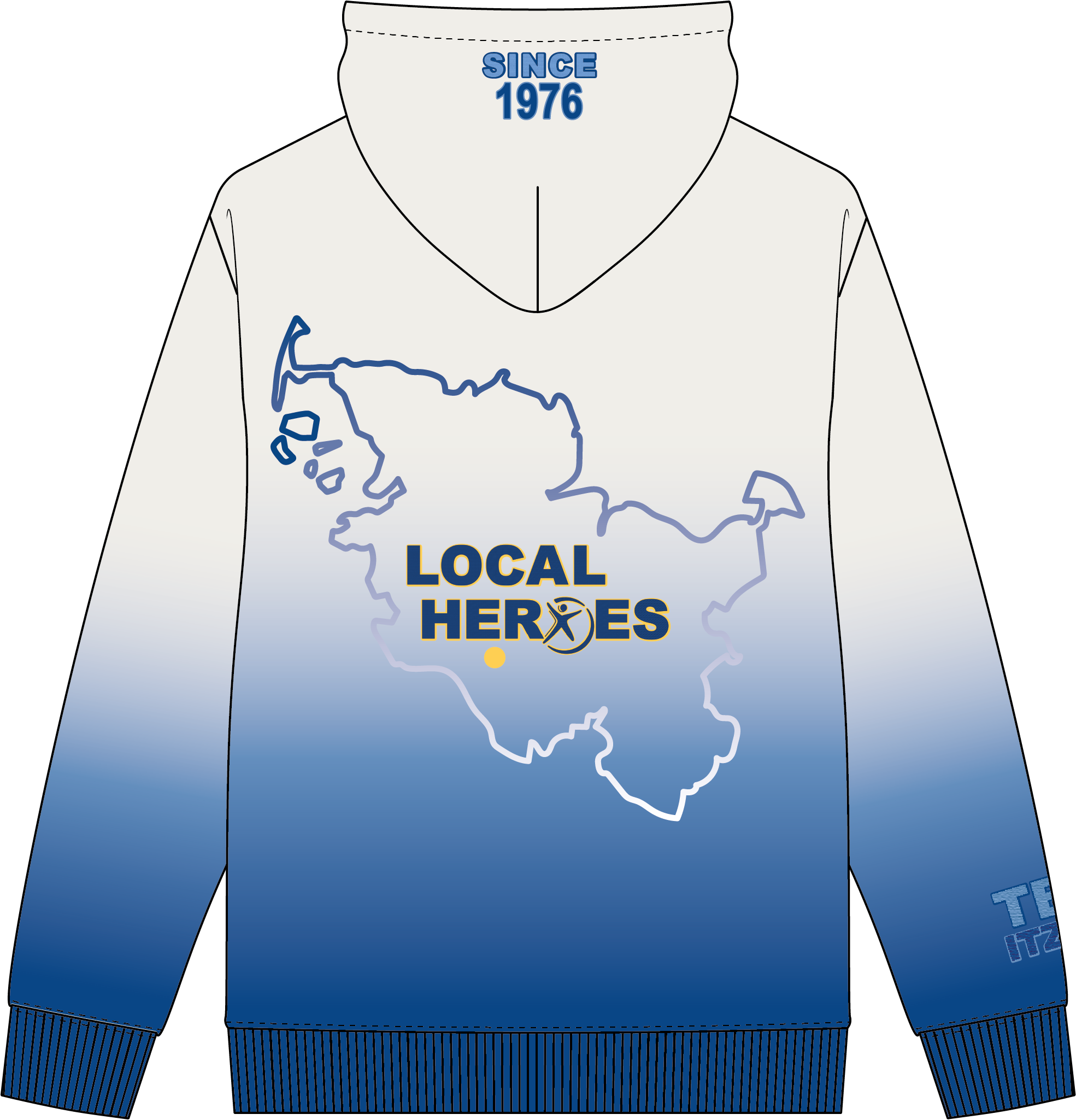 Weiß-blauer Hoodie mit Schleswig-Holstein-Umriss, Aufschrift LOCAL HEROES und SINCE 1976 in der Kapuze.