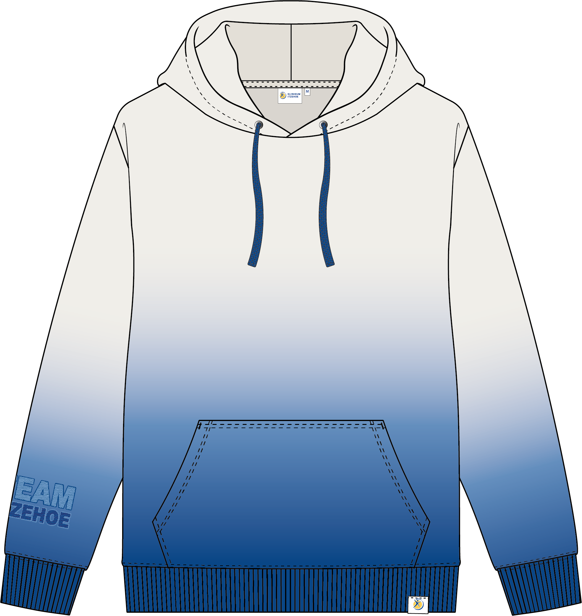 Weiß-blauer Hoodie mit Farbverlauf, Kängurutasche, Kordelzug und Schriftzug TEAM ITZEHOE am Ärmel.